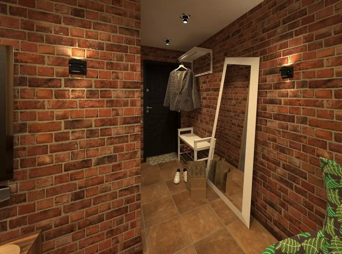 Hall de entrada em estilo loft (76 fotos): cabide e móveis no interior de um pequeno corredor, um design corredor com uma parede de tijolos, escolher um banco e roupeiros 9088_34