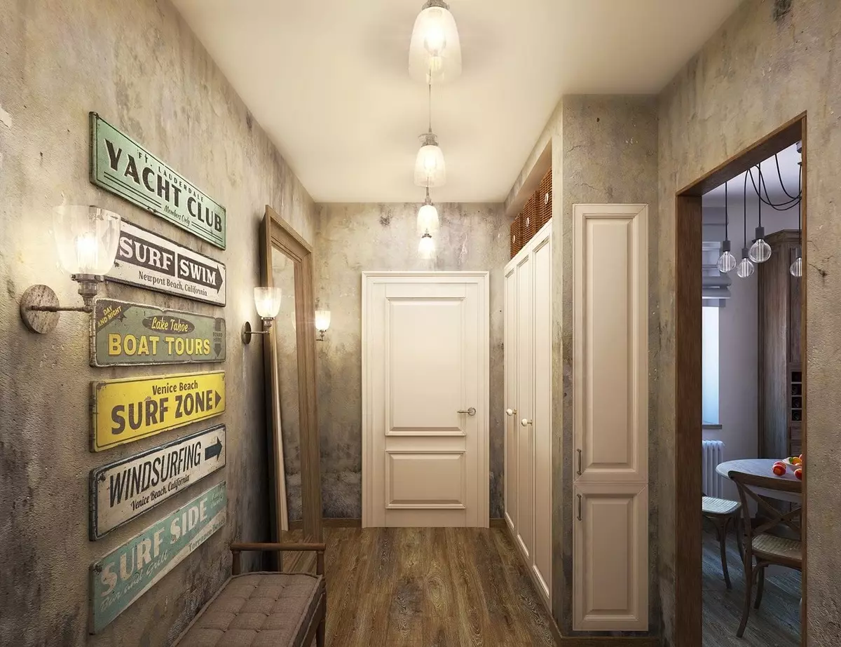 Hall d'entrée dans le style loft (76 photos): cintre et meubles à l'intérieur d'un petit couloir, un design de couloir avec un mur de briques, choisissez un banc et des armoires 9088_48