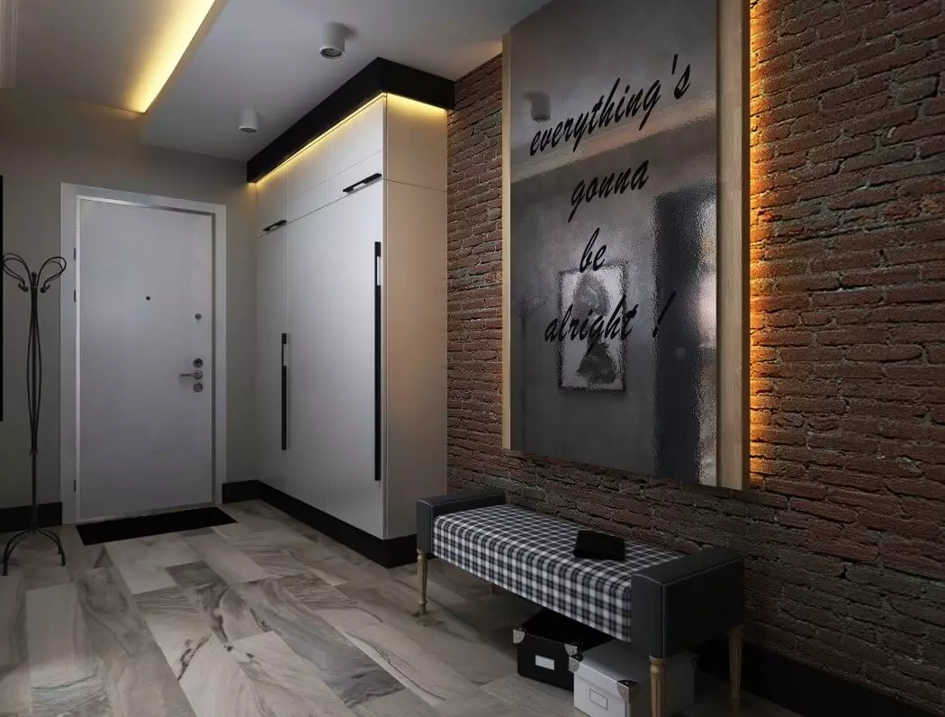 Hall d'entrée dans le style loft (76 photos): cintre et meubles à l'intérieur d'un petit couloir, un design de couloir avec un mur de briques, choisissez un banc et des armoires 9088_50