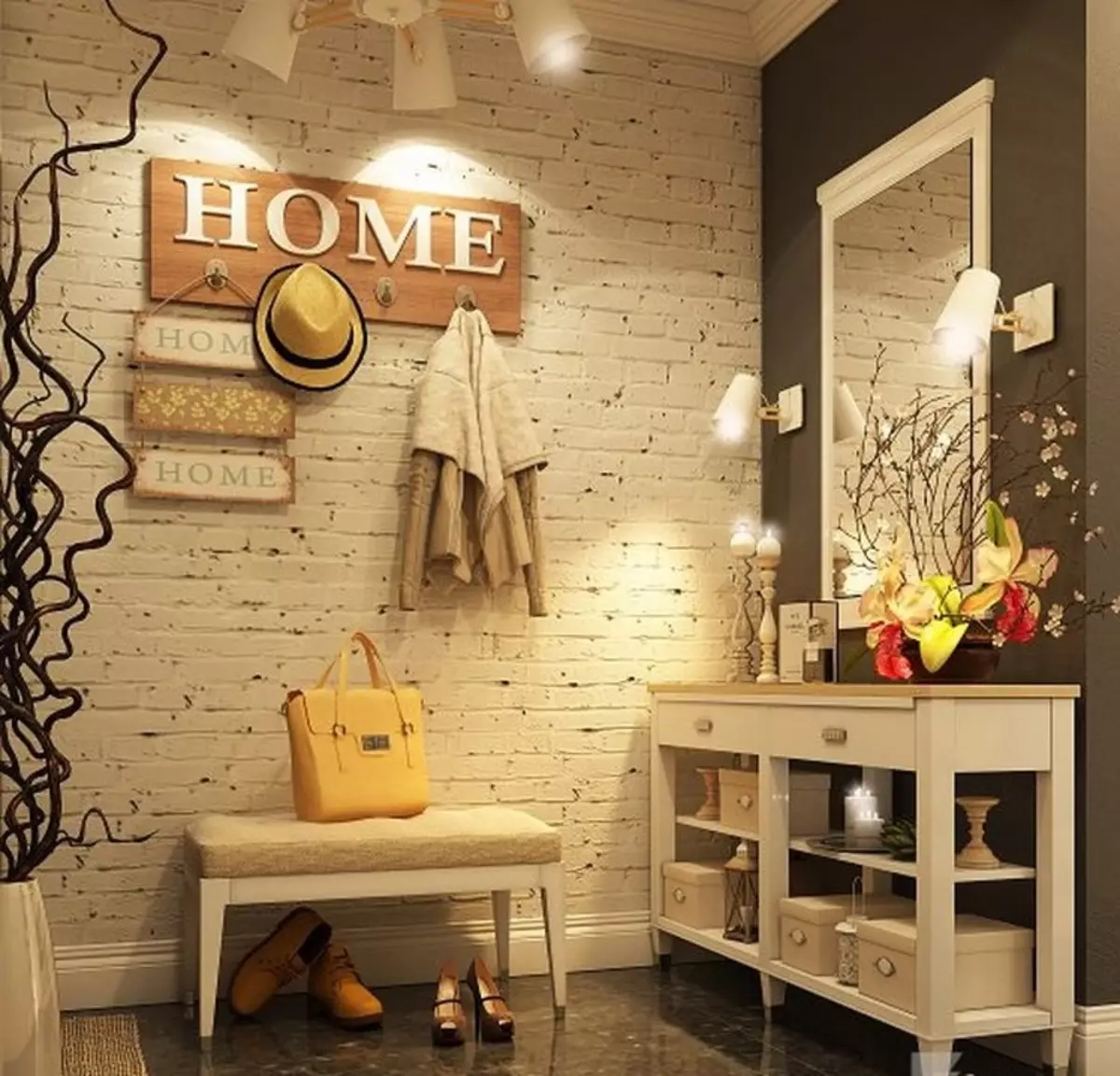 Salona Destpêkê li Loft Style (76 wêneyên): Hanger û mobîl di hundurê korîdorek piçûk de, sêwirana salona hallway bi dîwarê brick, bench û kargehan hilbijêrin 9088_51