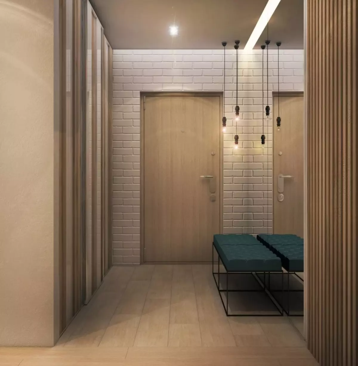 Hall d'entrée dans le style loft (76 photos): cintre et meubles à l'intérieur d'un petit couloir, un design de couloir avec un mur de briques, choisissez un banc et des armoires 9088_54