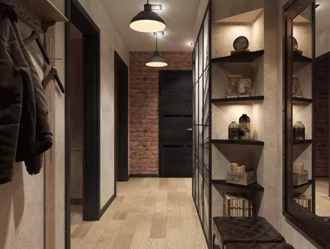 Loft tarzında Giriş holü (76 fotoğraf): küçük bir koridor iç kısmında askı ve mobilya, bir tuğla duvar ile bir koridor tasarımı, bir tezgah ve dolap seçim 9088_59