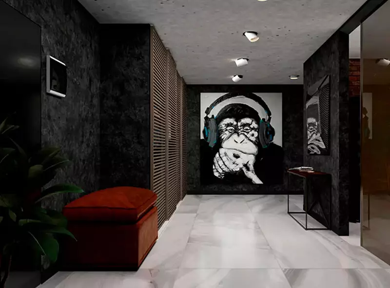 Hall d'entrée dans le style loft (76 photos): cintre et meubles à l'intérieur d'un petit couloir, un design de couloir avec un mur de briques, choisissez un banc et des armoires 9088_63