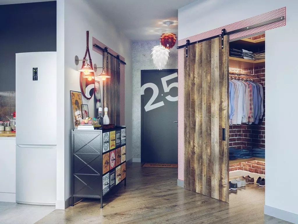 Hall de entrada em estilo loft (76 fotos): cabide e móveis no interior de um pequeno corredor, um design corredor com uma parede de tijolos, escolher um banco e roupeiros 9088_64