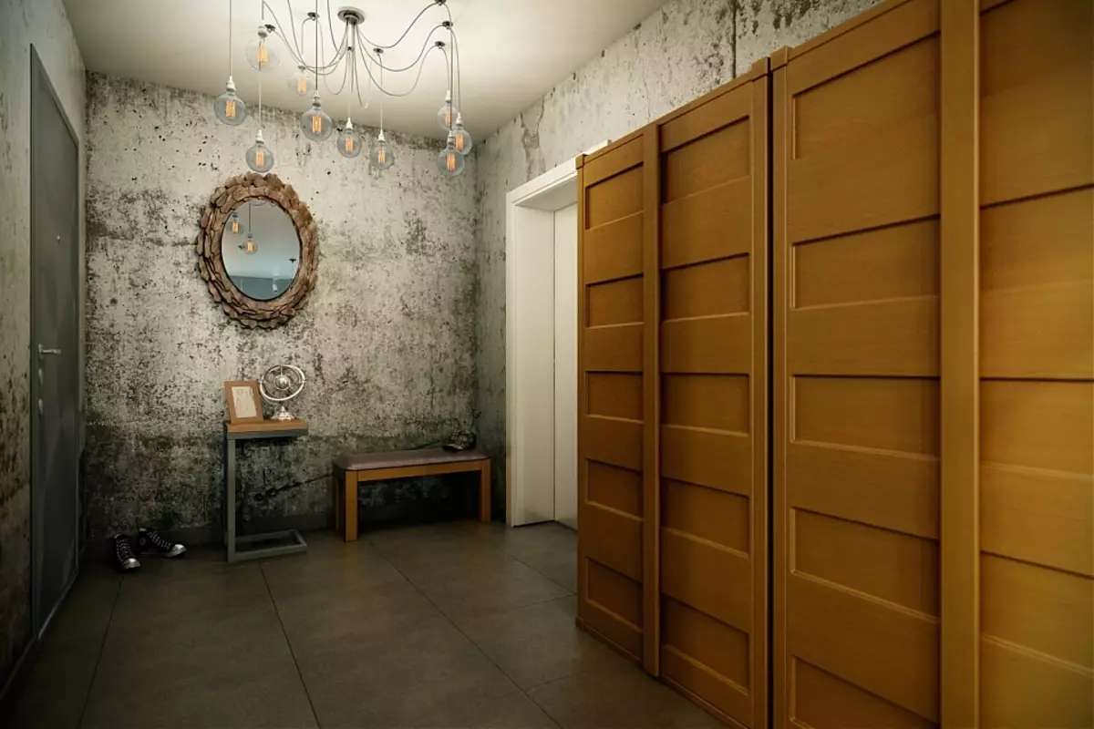 Sala de intrare în stil Loft (76 fotografii): Hanger și mobilier în interiorul unui coridor mic, un design de hol cu ​​un zid de cărămidă, alegeți o bancă și dulapuri 9088_65