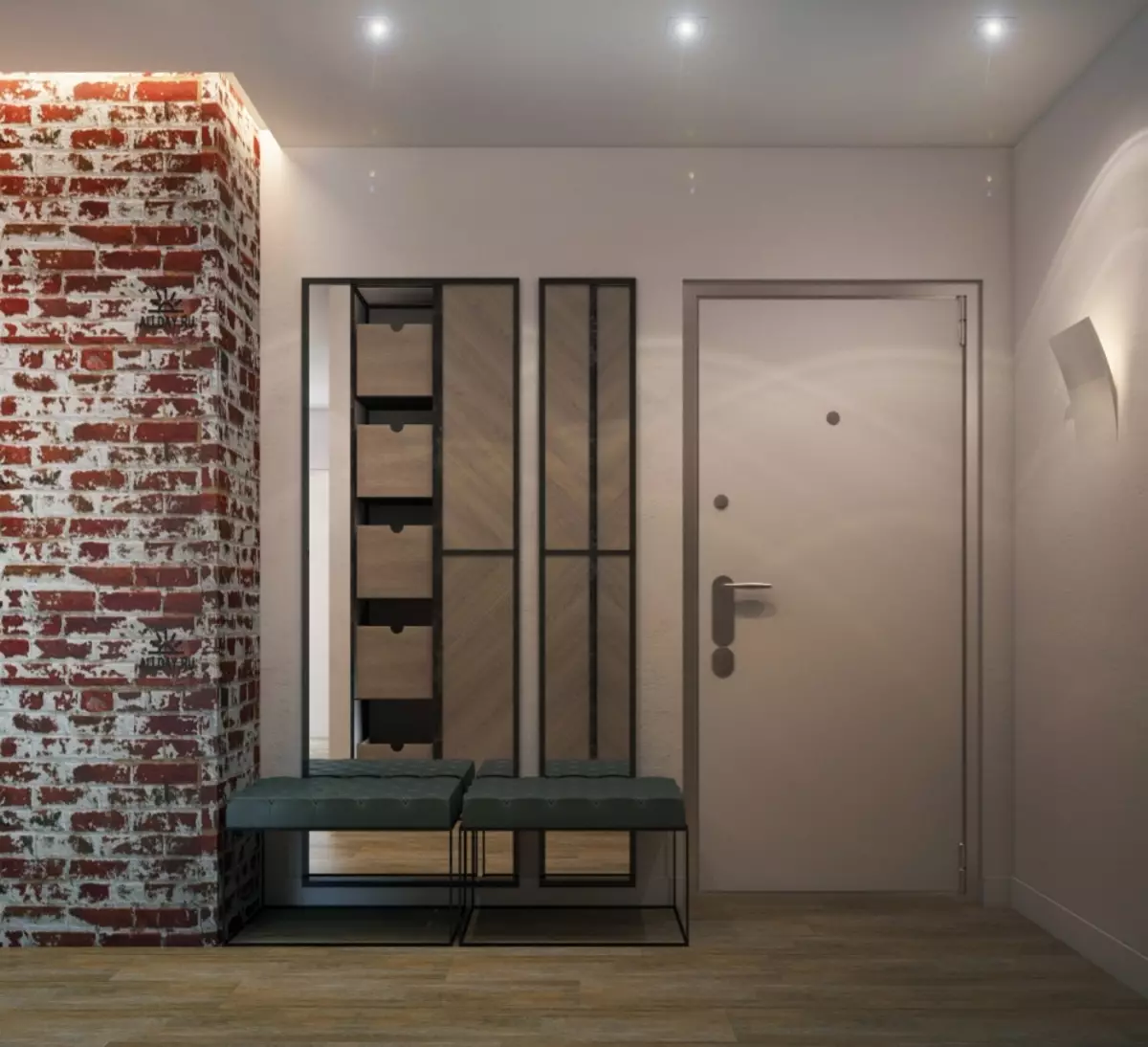 Hall de entrada em estilo loft (76 fotos): cabide e móveis no interior de um pequeno corredor, um design corredor com uma parede de tijolos, escolher um banco e roupeiros 9088_7