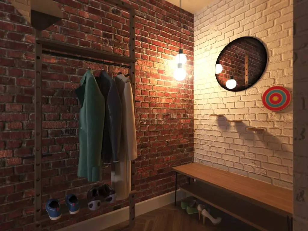 Salona Destpêkê li Loft Style (76 wêneyên): Hanger û mobîl di hundurê korîdorek piçûk de, sêwirana salona hallway bi dîwarê brick, bench û kargehan hilbijêrin 9088_72