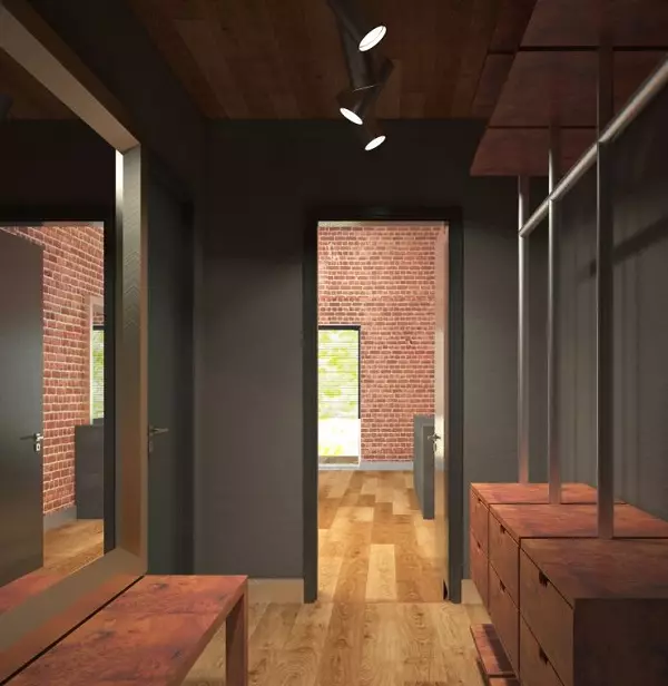 Hall d'entrée dans le style loft (76 photos): cintre et meubles à l'intérieur d'un petit couloir, un design de couloir avec un mur de briques, choisissez un banc et des armoires 9088_74