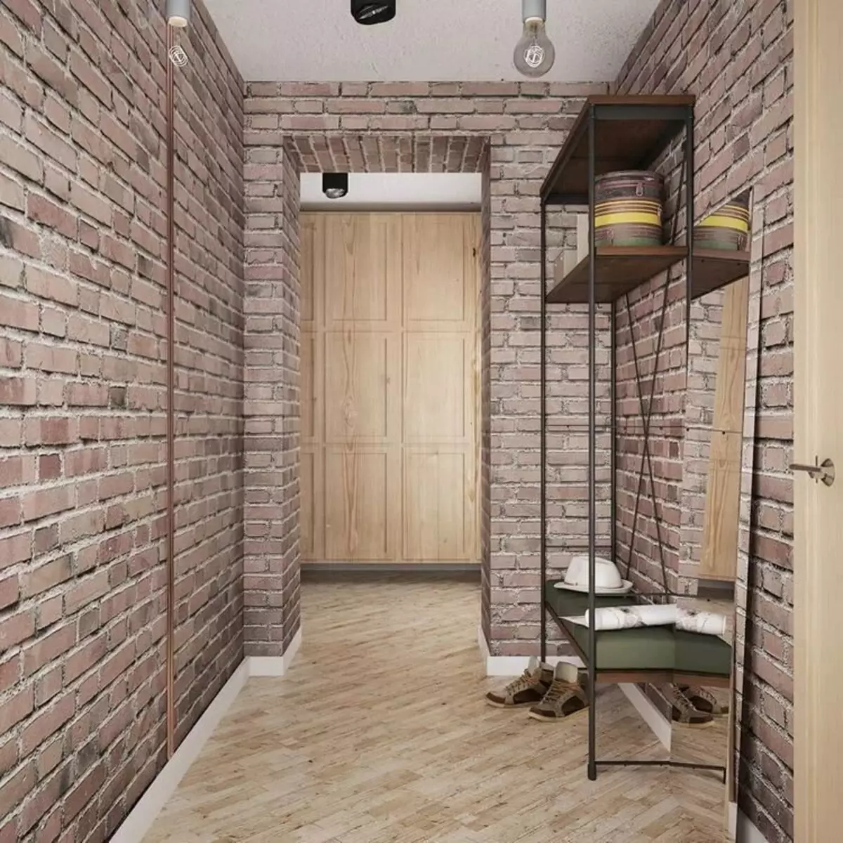 Ieejas zāle bēniņu stilā (76 fotogrāfijas): pakaramais un mēbeles neliela koridora interjerā, priekšnams dizains ar ķieģeļu sienu, izvēlieties solu un skapjus 9088_75