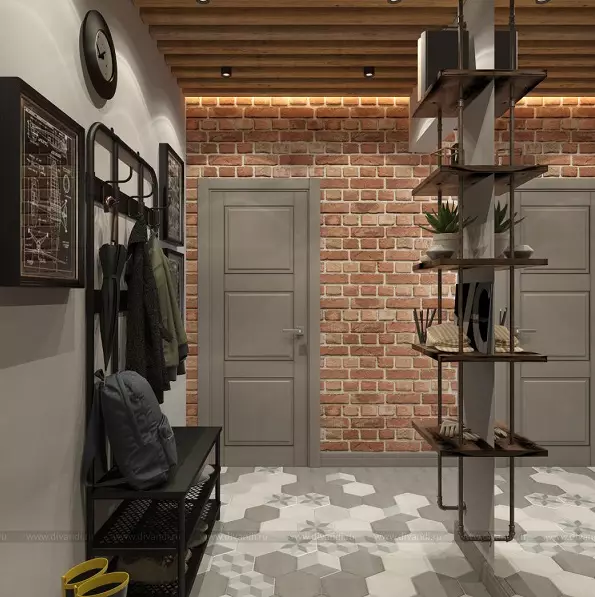 Hall de entrada em estilo loft (76 fotos): cabide e móveis no interior de um pequeno corredor, um design corredor com uma parede de tijolos, escolher um banco e roupeiros 9088_76