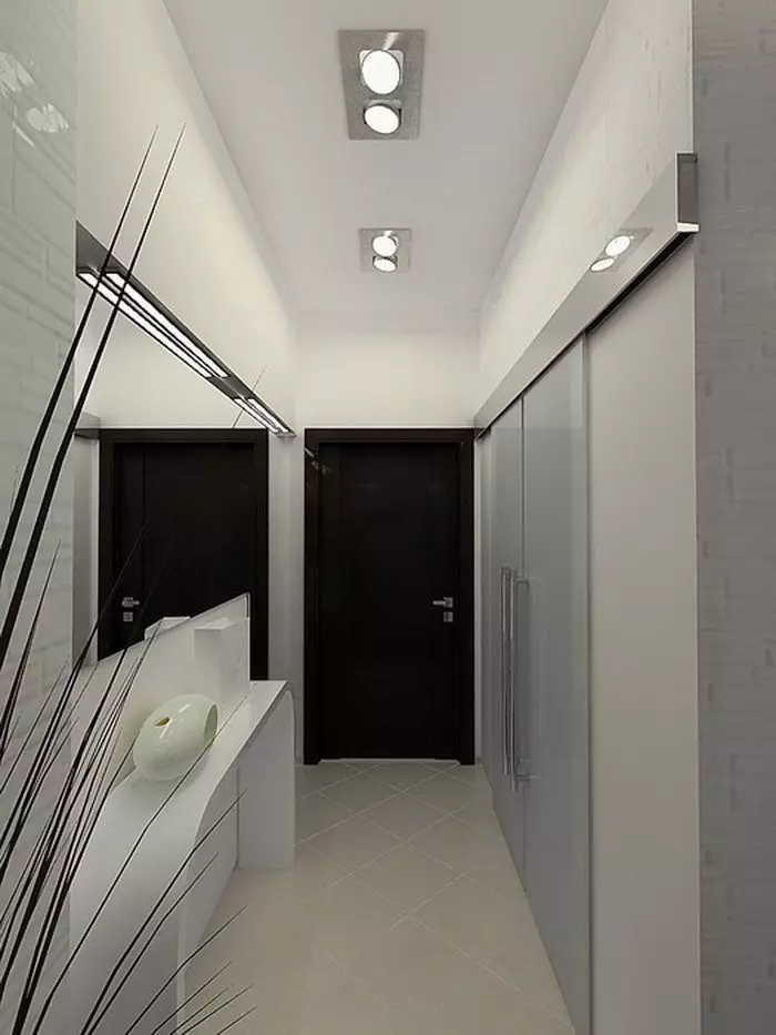 תאורה במסדרון (63 תמונות): אור במסדרון הדירה עם תקרה מתיחה, תאורה הרצפה עם חיישן תנועה תאורה לילה. איך לארגן תאורה במסדרון צר ארוך עם מסדרון? עיצוב מודרני בבית 9092_8