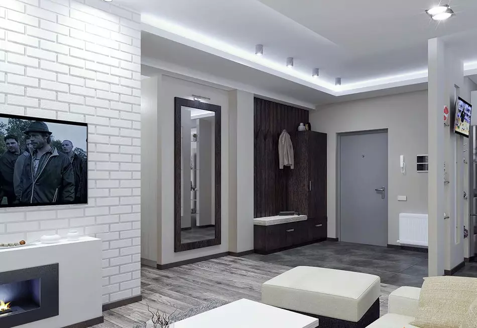 Hallway-obývacia izba (78 fotografií): Design obývacia izba v kombinácii s chodbou v súkromnom dome a byt, usporiadanie haly, v kombinácii s chodbou do jednej izby 9096_12