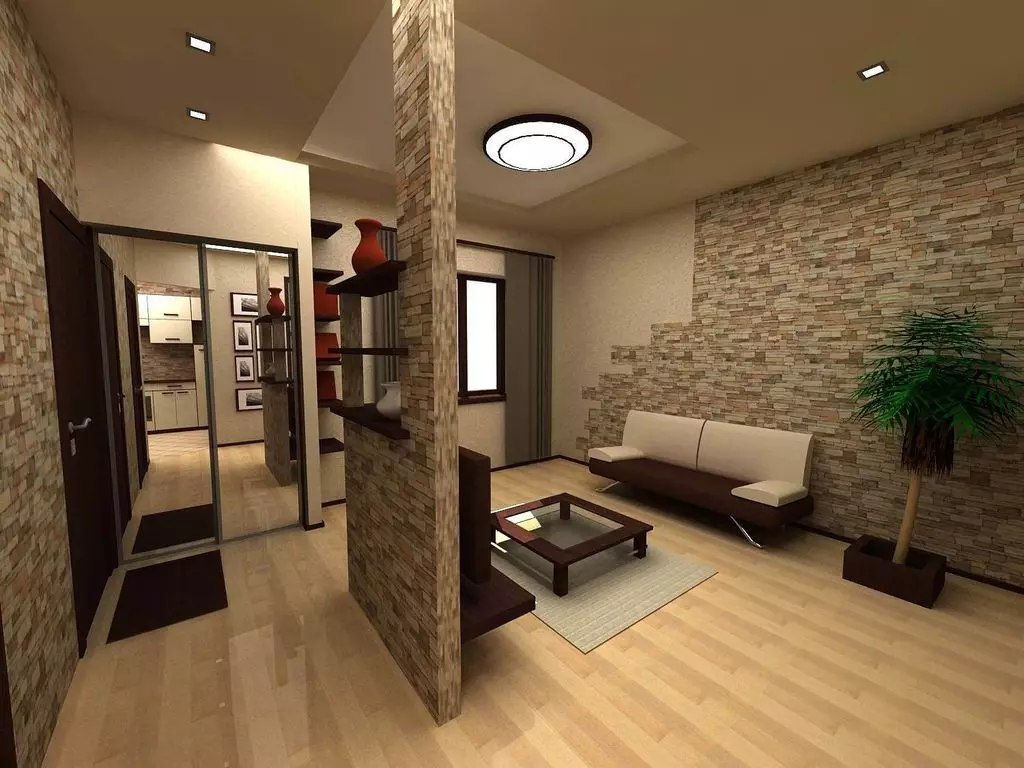 Hallway-obývacia izba (78 fotografií): Design obývacia izba v kombinácii s chodbou v súkromnom dome a byt, usporiadanie haly, v kombinácii s chodbou do jednej izby 9096_15