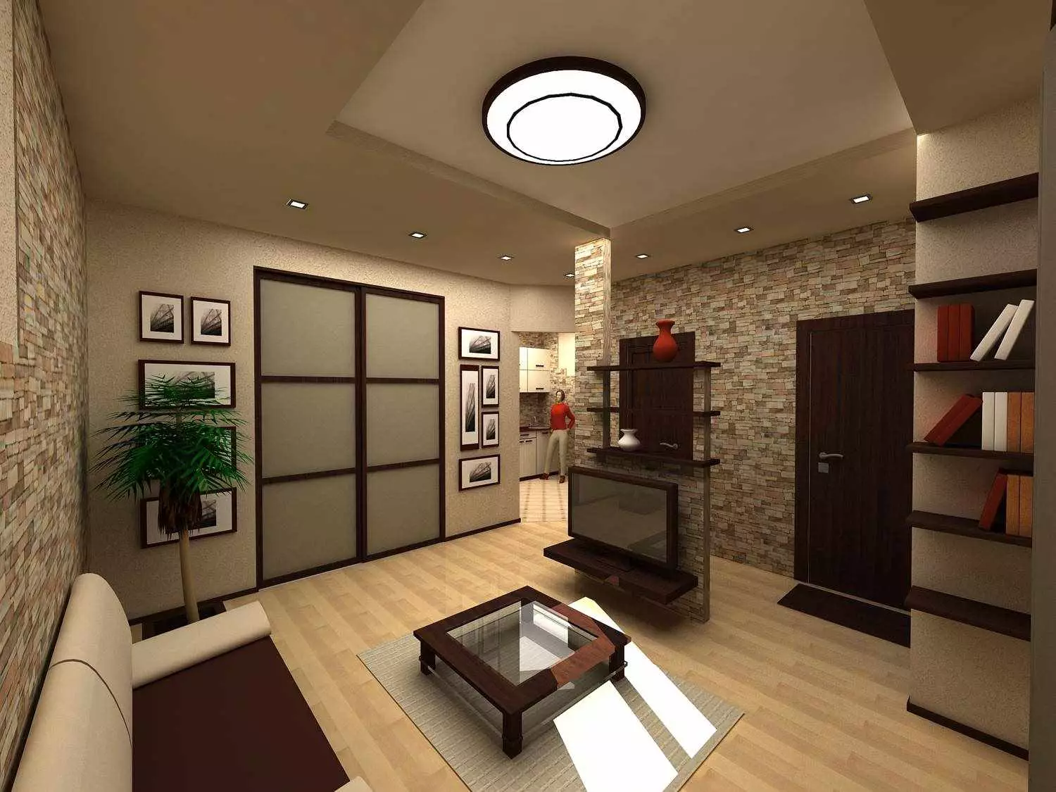 Hallway-obývacia izba (78 fotografií): Design obývacia izba v kombinácii s chodbou v súkromnom dome a byt, usporiadanie haly, v kombinácii s chodbou do jednej izby 9096_16