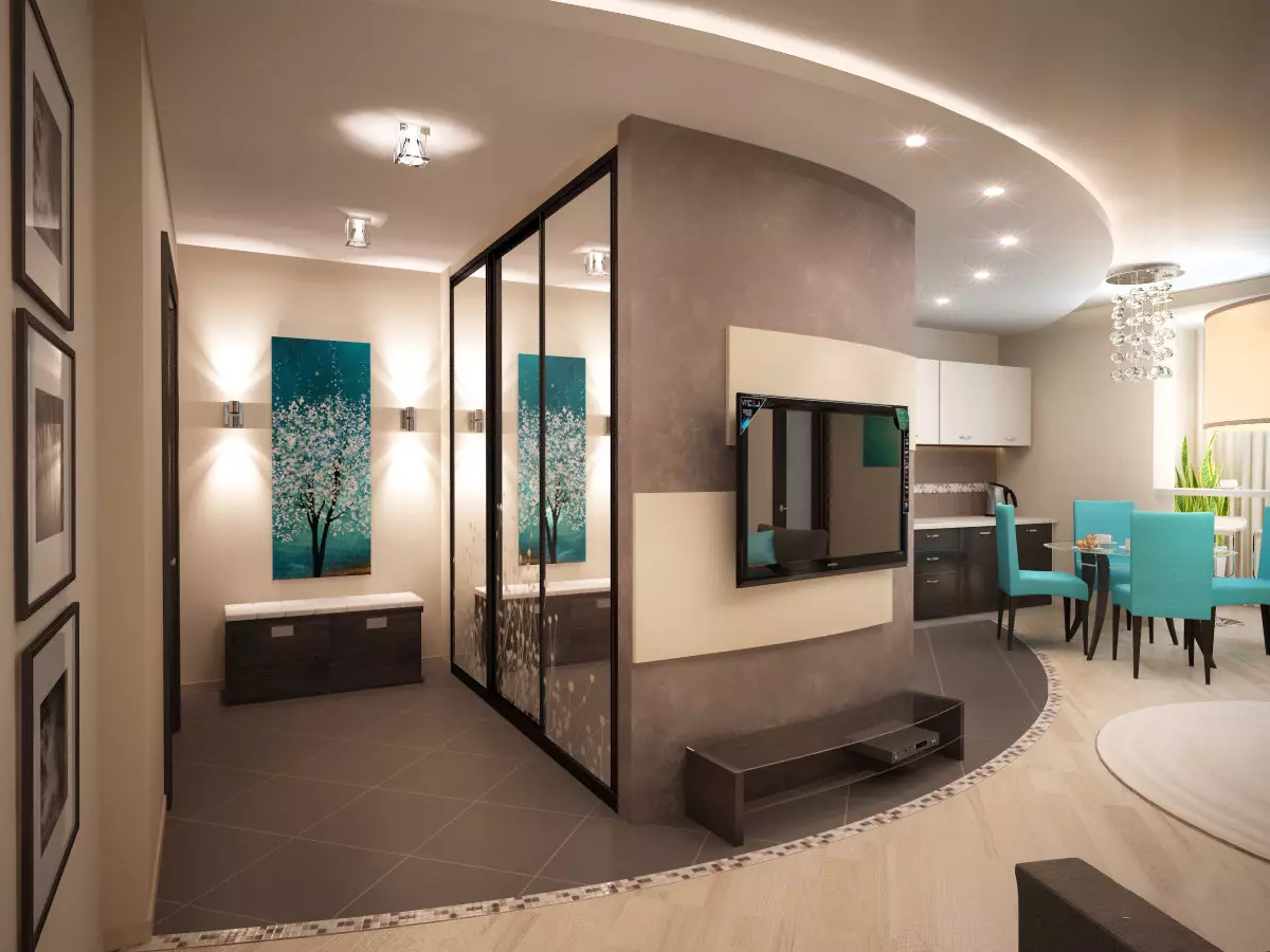 Hallway-vardagsrum (78 bilder): Design vardagsrum kombinerat med en korridor i ett privat hus och en lägenhet, hallens layout, kombinerat med korridoren till ett rum 9096_18