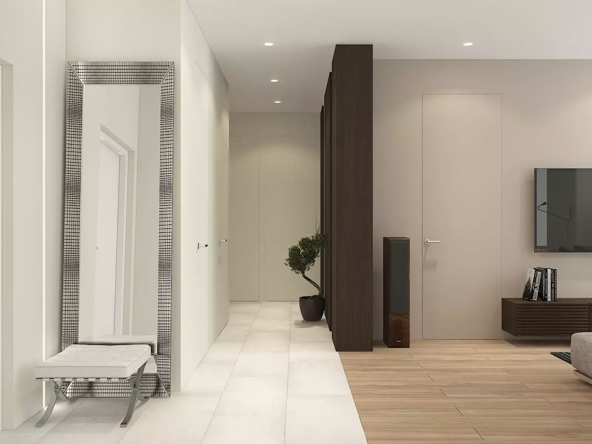 Hallway-vardagsrum (78 bilder): Design vardagsrum kombinerat med en korridor i ett privat hus och en lägenhet, hallens layout, kombinerat med korridoren till ett rum 9096_19