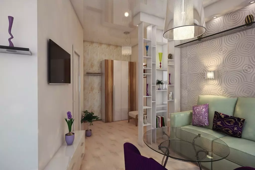 Hallway-obývacia izba (78 fotografií): Design obývacia izba v kombinácii s chodbou v súkromnom dome a byt, usporiadanie haly, v kombinácii s chodbou do jednej izby 9096_25