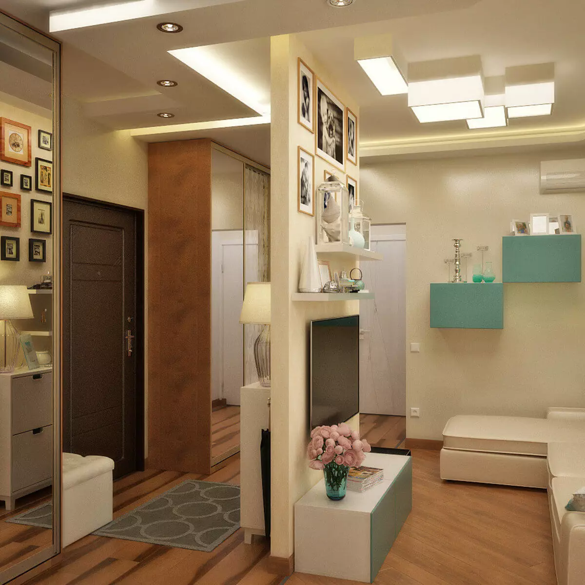 Hallway-obývacia izba (78 fotografií): Design obývacia izba v kombinácii s chodbou v súkromnom dome a byt, usporiadanie haly, v kombinácii s chodbou do jednej izby 9096_3