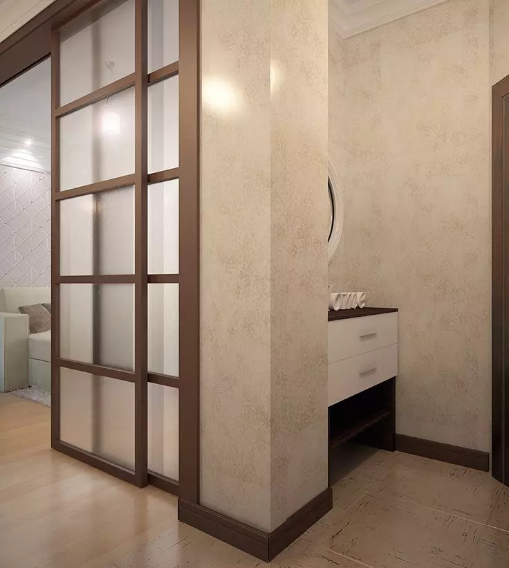 Lorong-ruang tamu (78 foto): Ruang tamu desain dikombinasikan dengan koridor di rumah pribadi dan apartemen, tata letak aula, dikombinasikan dengan lorong ke satu kamar 9096_31