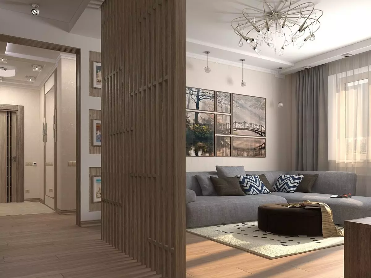 Hallway-obývacia izba (78 fotografií): Design obývacia izba v kombinácii s chodbou v súkromnom dome a byt, usporiadanie haly, v kombinácii s chodbou do jednej izby 9096_34