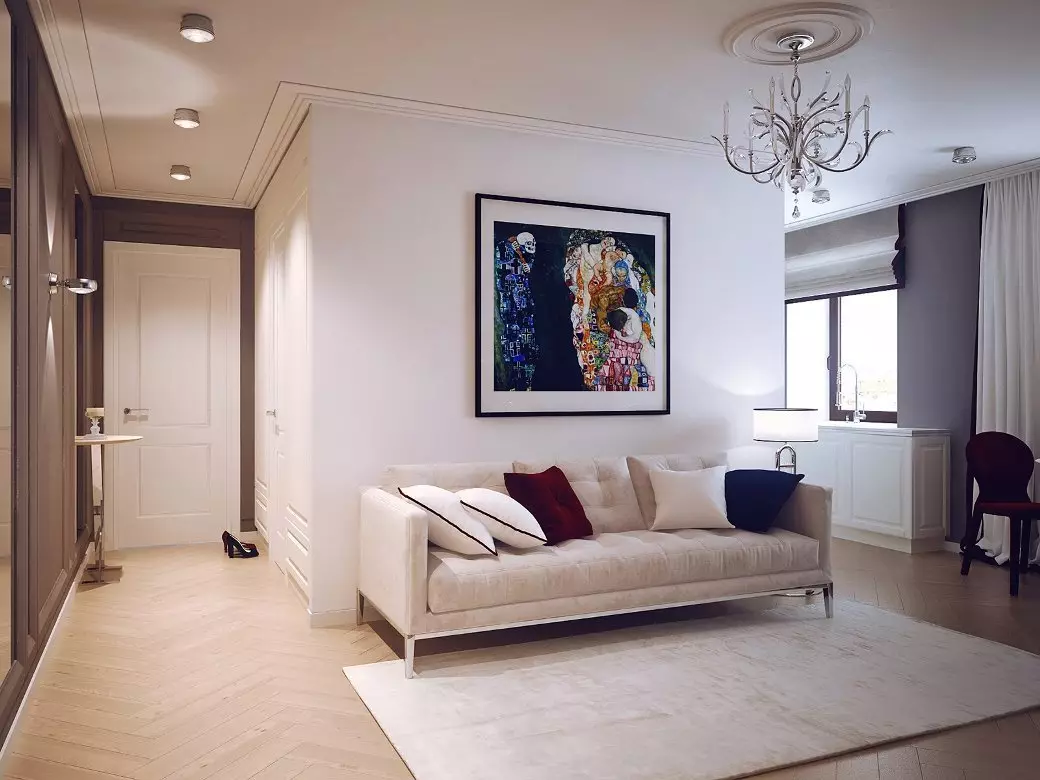 Hallway-obývacia izba (78 fotografií): Design obývacia izba v kombinácii s chodbou v súkromnom dome a byt, usporiadanie haly, v kombinácii s chodbou do jednej izby 9096_35