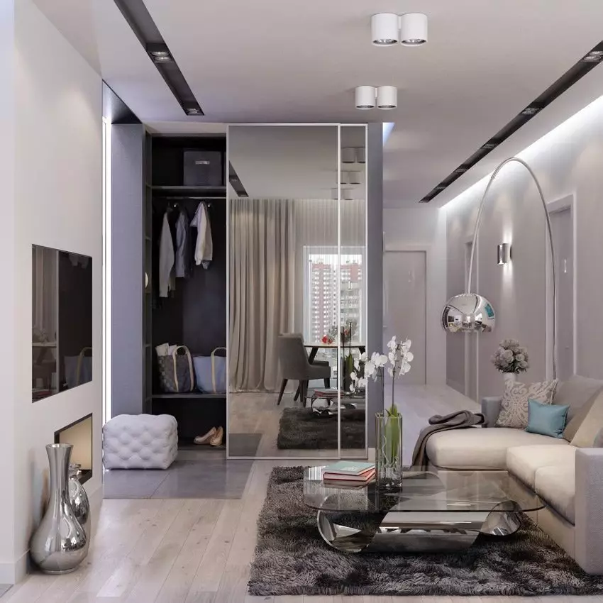 Lorong-ruang tamu (78 foto): Ruang tamu desain dikombinasikan dengan koridor di rumah pribadi dan apartemen, tata letak aula, dikombinasikan dengan lorong ke satu kamar 9096_36