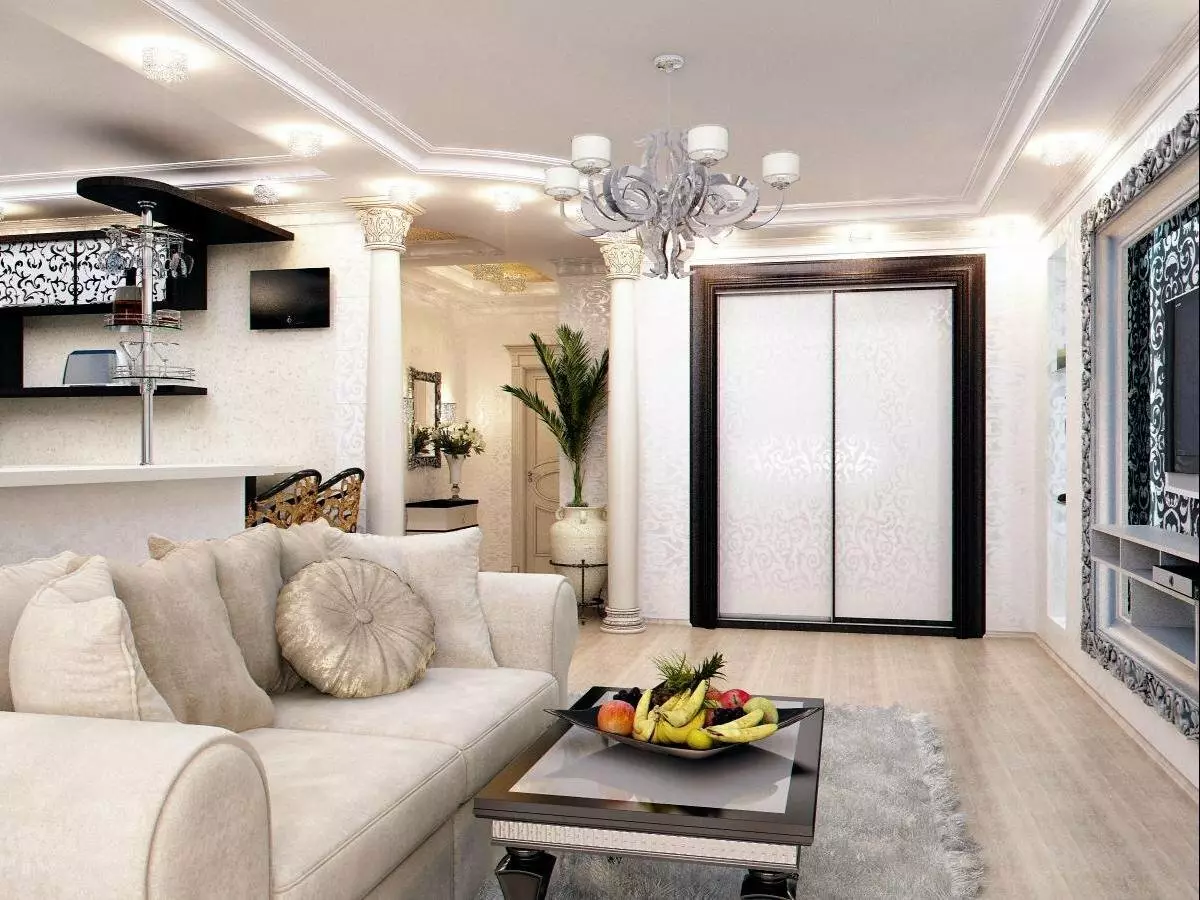 Hallway-obývacia izba (78 fotografií): Design obývacia izba v kombinácii s chodbou v súkromnom dome a byt, usporiadanie haly, v kombinácii s chodbou do jednej izby 9096_41