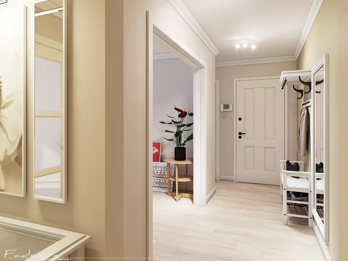 Hallway-obývacia izba (78 fotografií): Design obývacia izba v kombinácii s chodbou v súkromnom dome a byt, usporiadanie haly, v kombinácii s chodbou do jednej izby 9096_44