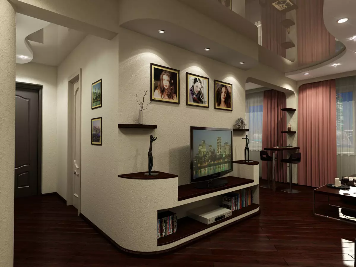 Hallway-obývacia izba (78 fotografií): Design obývacia izba v kombinácii s chodbou v súkromnom dome a byt, usporiadanie haly, v kombinácii s chodbou do jednej izby 9096_5