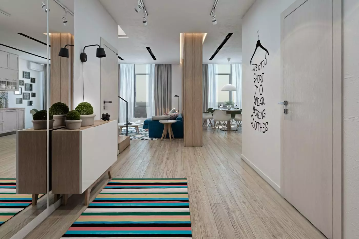 Hallway-obývacia izba (78 fotografií): Design obývacia izba v kombinácii s chodbou v súkromnom dome a byt, usporiadanie haly, v kombinácii s chodbou do jednej izby 9096_52