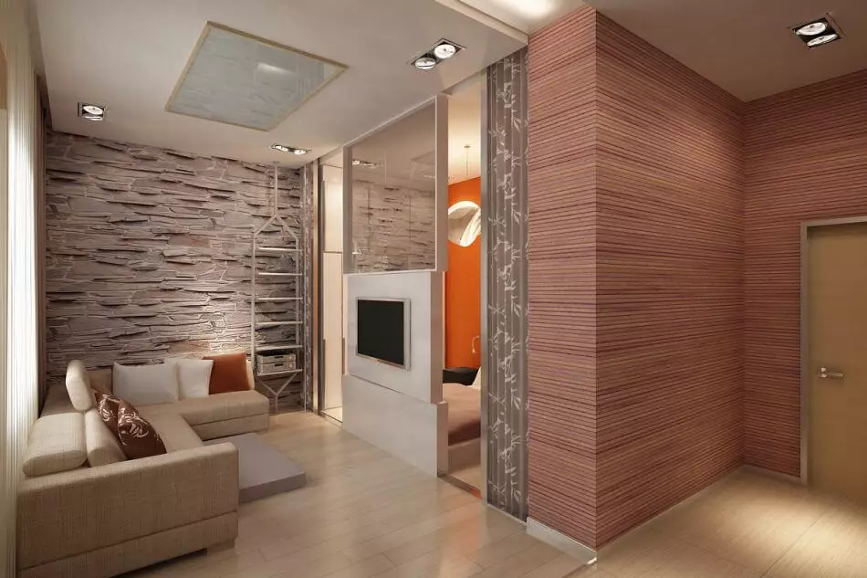 Hallway-obývacia izba (78 fotografií): Design obývacia izba v kombinácii s chodbou v súkromnom dome a byt, usporiadanie haly, v kombinácii s chodbou do jednej izby 9096_6