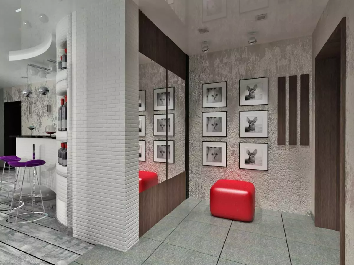 Hallway-obývacia izba (78 fotografií): Design obývacia izba v kombinácii s chodbou v súkromnom dome a byt, usporiadanie haly, v kombinácii s chodbou do jednej izby 9096_60