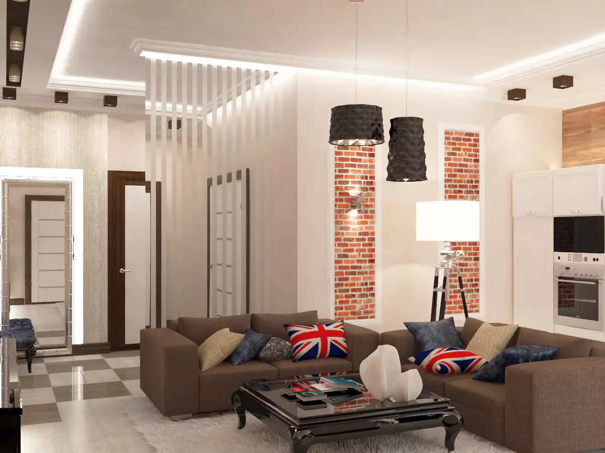 Hallway-obývacia izba (78 fotografií): Design obývacia izba v kombinácii s chodbou v súkromnom dome a byt, usporiadanie haly, v kombinácii s chodbou do jednej izby 9096_74