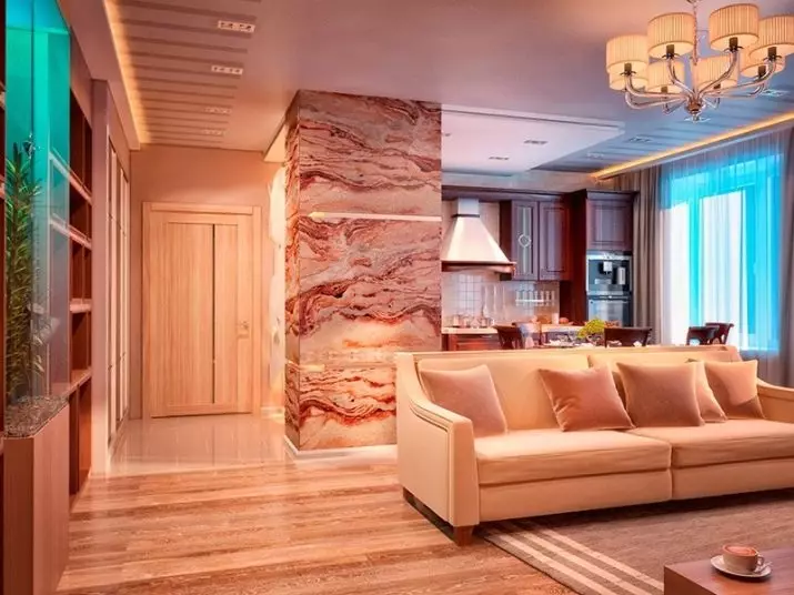 Hallway-obývacia izba (78 fotografií): Design obývacia izba v kombinácii s chodbou v súkromnom dome a byt, usporiadanie haly, v kombinácii s chodbou do jednej izby 9096_77