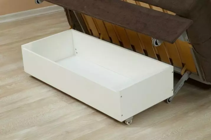 Trekklavier banke met 'n ortopediese matras en beddegoed laai: Corner banke beddens en ander modelle 9103_13