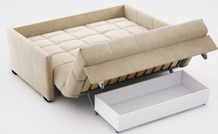 Sofas fizarmonikë me një dyshek ortopedik dhe sirtar prej liri: krevat sofas qoshe dhe modele të tjera 9103_35