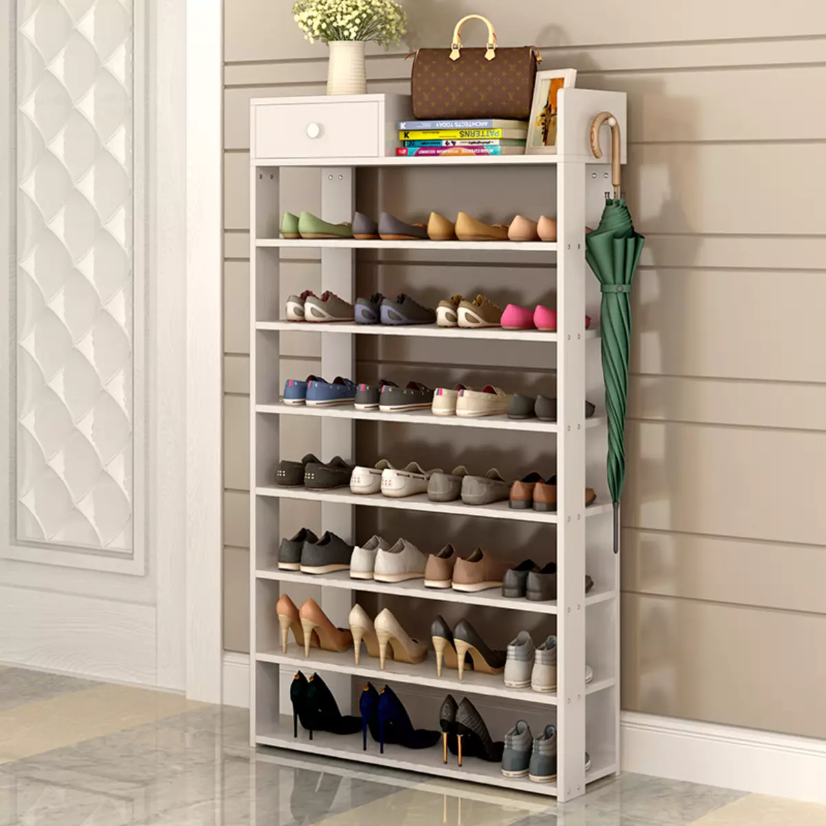 Kitsad kingad koridoris (83 fotot): valige jalatsitele gloshes sügavusega 20 cm ja muud suurused, metall- ja valged struktuurid 9112_10