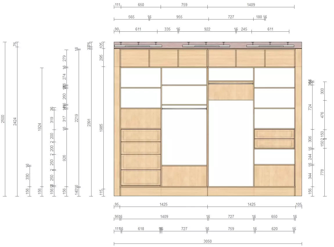 Rozměry skříní na chodbě (27 fotografie): hloubka 30, 35, 40 a 45, 50 a 90 cm, šířka 2 a 3 metry, standardní výška vnitřního prostoru skříně 9114_16