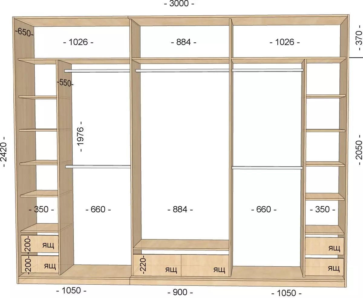 Rozměry skříní na chodbě (27 fotografie): hloubka 30, 35, 40 a 45, 50 a 90 cm, šířka 2 a 3 metry, standardní výška vnitřního prostoru skříně 9114_24