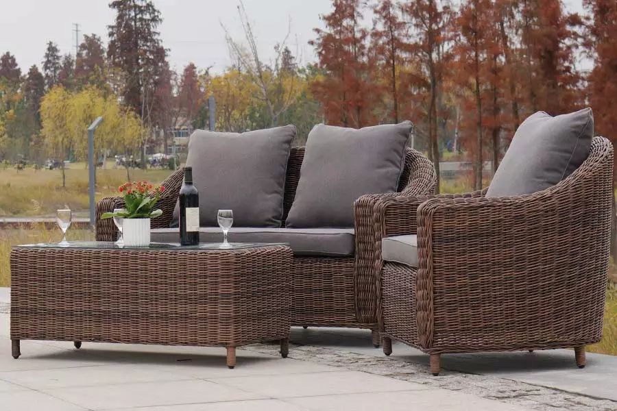 Sofa rotan buatan: sofa taman anyaman sudut dan lurus, bulat, 3-lokal dan model ganda 9115_15