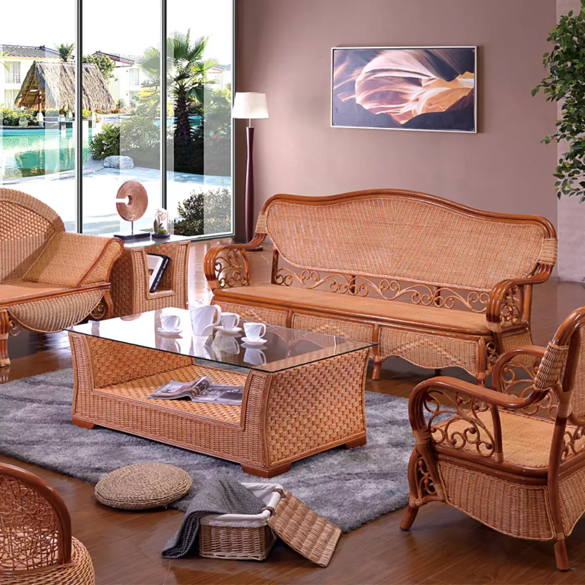 Sofa rotan buatan: sofa taman anyaman sudut dan lurus, bulat, 3-lokal dan model ganda 9115_33