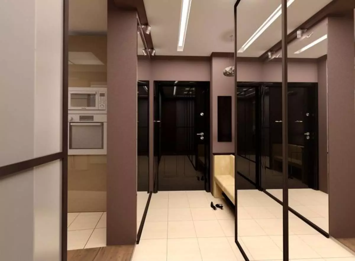 एक संकीर्ण गलियारे के लिए हॉल (74 फोटो): अपार्टमेंट डिजाइन में एक दर्पण के साथ हॉलवे, अंतर्निहित कोणीय फर्नीचर गहराई 30 सेमी और गलियारे में मॉड्यूलर दीवारें 9116_18