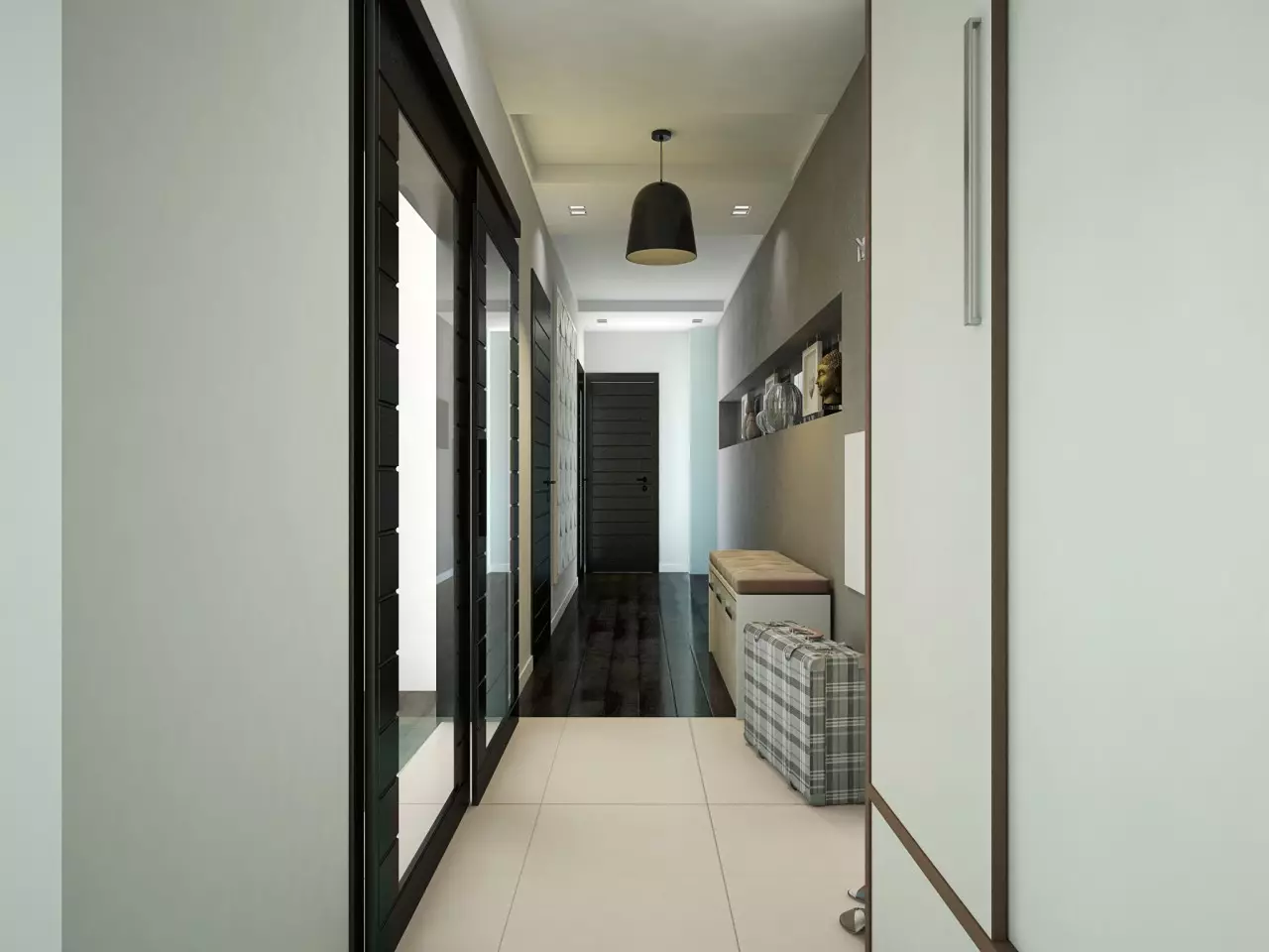狹窄的走廊大廳（74張照片）：公寓設計中的鏡子走廊，內置角度家具深度30厘米和走廊中的模塊化牆 9116_19