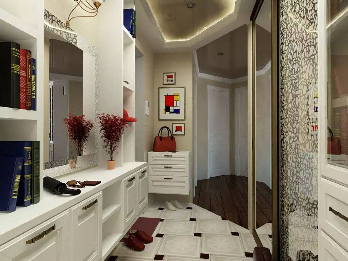 狹窄的走廊大廳（74張照片）：公寓設計中的鏡子走廊，內置角度家具深度30厘米和走廊中的模塊化牆 9116_23