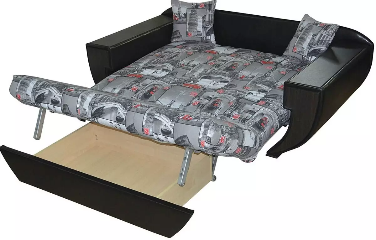 Sofa-trekkspill på metallramme: med ortopedisk madrass og uavhengige fjærer, med en boks for sengetøy og andre, fabrikker 9117_11