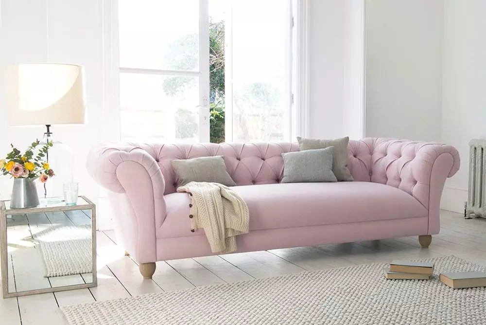 Sofas rozë: shembuj në ngjyrë të brendshme, të pista dhe pluhur-rozë, të butë dhe gri rozë, rozë të zbehtë dhe hije të tjera 9119_16