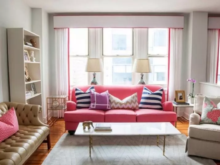 Ružičaste sofe: Primjeri u unutrašnjosti, prljavoj i prašini-ružičastoj boji, mekoj i sivoj ružičastoj, blijedi ružičastim i drugim nijansama 9119_2