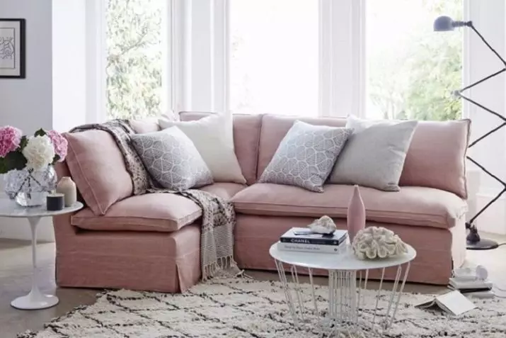 Pink Sofas: Ekzemploj en la interno, malpura kaj polva-rozkolora koloro, mola kaj griza rozkolora, pala rozkolora kaj aliaj nuancoj 9119_23