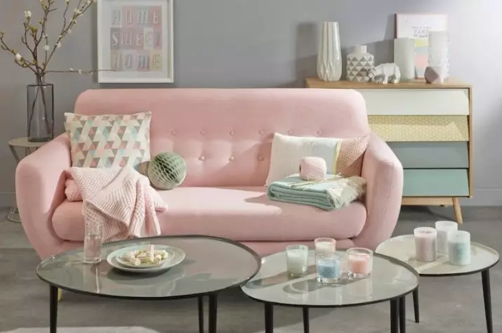 Pink Sofas: Ekzemploj en la interno, malpura kaj polva-rozkolora koloro, mola kaj griza rozkolora, pala rozkolora kaj aliaj nuancoj 9119_25
