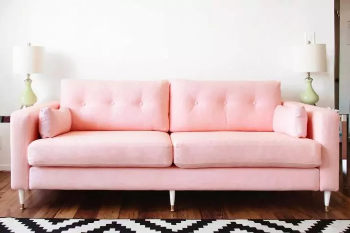 Pink Sofas: Ekzemploj en la interno, malpura kaj polva-rozkolora koloro, mola kaj griza rozkolora, pala rozkolora kaj aliaj nuancoj 9119_27